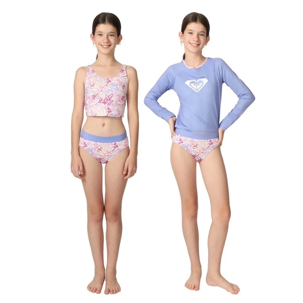 Roxy Girls 3-Piece‎ Swim Set Purple Floral Rash Guard Bikini M 10/12 UPF 50 NEW